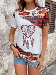 Women's Casual Round Neck Retro Printed Short Sleeve T-Shirt - Multicolor - View 5