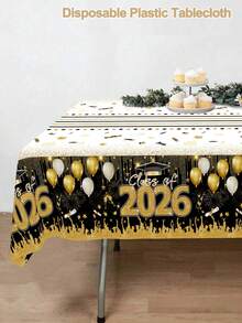 1件装一次性毕业主题桌布，祝贺2026届毕业生，黑金气球图案塑料桌布，适用于家庭厨房餐桌装饰、高中/大学毕业派对、毕业庆祝活动、毕业祝贺派对用品 - 彩色 - 查看 9