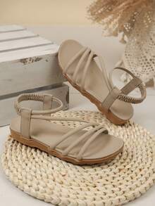 1 Pair Retro Girls' Open Toe Sandals, New Summer Fashion Breathable Slip-On Beach Shoes, Soft Sole Non-Slip - Grey - View 3