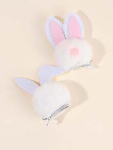 2个装复活节兔子发夹，女士可爱闪亮耳朵鳄鱼夹，心形绒球头饰，女士发饰 - 白色 - 查看 8