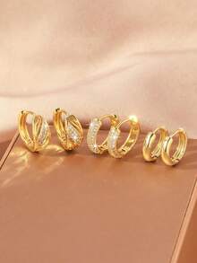 6pcs Luxury Copper Inlaid Zirconia Clover & Geometric Hollow Earring Set, 18K Gold Plated Shiny Geometric Earrings For Women, Party Gift - Gold - View 8