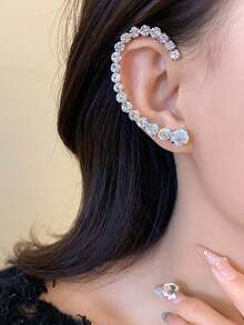 2件/套 几何水晶耳环，时尚水晶单弯耳环，垂坠耳环 - 銀色 - 查看 6