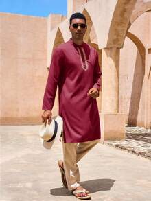 Runcati Camisa de túnica casual con botones para hombres, manga larga, estilo musulmán - Burdeos - Ver 5