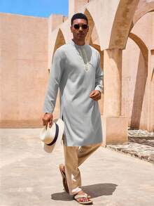 Runcati Mens Kaftan Thobe Casual Henley Shirts Button Up Long Sleeve Robe Muslim Gown Shirt - 深灰色 - 查看 5