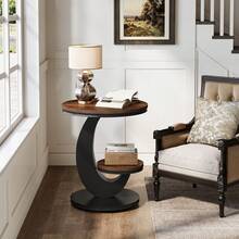 FINMIND Round End Table, 2 Tiers Side Table With Storage Shelf, Sofa Side Bedside Nightstand With Wood Metal Arc-Shaped Frame - Brown - View 3