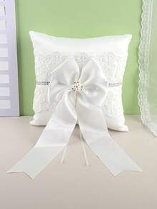 1pc Lace & Pearl Wedding Ring Pillow, White Lace Flower Bow Heart-Shaped Ring Box For Wedding Ceremony