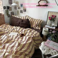 3件套复古条纹被套组 - 100%纯棉复古红色条纹印花3件套床上用品，柔软透气被套，带拉链和四角系带，不含填充物 - 紅棕色條紋 - 查看 2