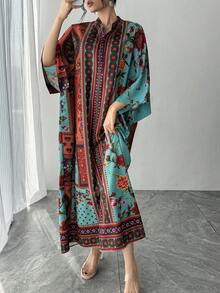 1pc Women's Arabic Abaya Dress, Contrast Color Placement Print, Stand Collar, Single-Breasted, Raglan Sleeve, Oversized, Long Casual Dress, Elegant Arabic Robe, Luxury Festival Evening Gown, Arabic Women Clothing Loose Robe - Multicolor - View 4