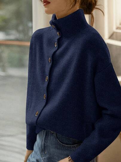 Women's Solid Color Casual Single-Breasted Stand Collar Long Sleeve Knitted Cardigan, Elegant Minimalist Fashion Sweater Jacket With Pockets, Versatile For Commuting And Streetwear, Suitable For Spring, Autumn And Winter