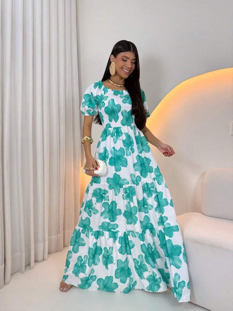 Long -Style Dress With Printed Sleeves - Green Flowers - View 1