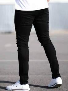 Jeans ajustados de color negro sólido elásticos para adolescentes, pantalones de mezclilla de corte slim para adolescentes - Negro - Ver 3