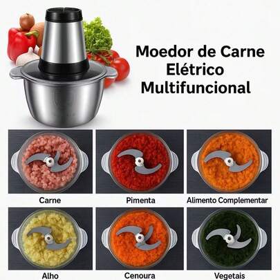 Moedor Triturador Processador Elétrico 2L Alimentos Carnes Legumes Aço Inox Multifuncional 110V/220V PRONTA ENTREGA