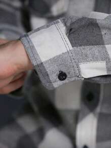 Men's Long-Sleeved Plaid Flannel Dress Shirt, Regular Fit, Buttons Down The Front, With Pocket. - 淺灰色 - 查看 2