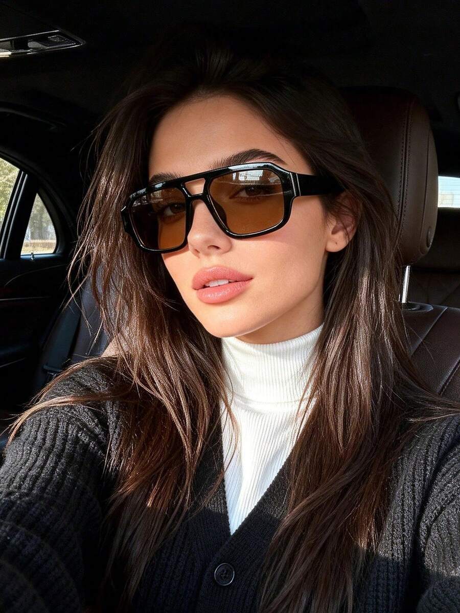 1 pieza Gafas de moda de mujer con puente doble y estilo retro, gafas de moda de alta gama y estilo callejero - rebanadas de té de marco negro - Ver 1