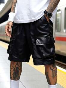 Pantalones cortos cargo de hombre de piel sintética negra, estilo urbano - Negro - Ver 2