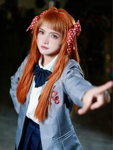 1pc Anime Cosplay Accessories - Red Polka Dot Bow Hair Clips Pair + Navy Blue Necktie, Monthly Magazine Anime Character Costume Accessories - Multicolor - View 2