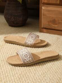 2026新款夏季女式凉鞋，女式凉鞋，木屐，价格更实惠，质量更好，白色方形亚麻家居拖鞋，女士时尚波西米亚风平底凉鞋，舒适透气，休闲百搭。 - 香檳色 - 查看 3