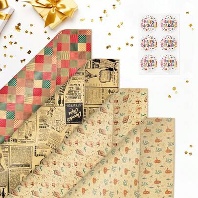 4 Birthday Themed Gift Wrapping Papers, Each With A Unfolded Size Of 19.68 Inches X 27.55 Inches, Featuring 4 Different Patterns: Classic Grid, Nostalgic Newspaper, Warm Yellow Background With Orange Pumpkin And Green Leaf Patterns, Beige Background With Small Flower Pot And Feather Patterns.