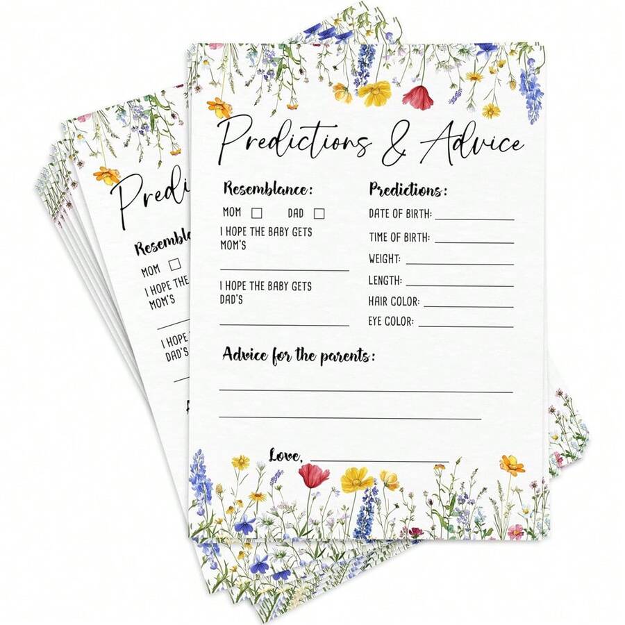 Wildflowers Theme BabyShower Game Cards Predictions & Advice Game Cards - BabyShower Funny Activity Unisex Gender Reveal Supplies - Multicolor - View 1