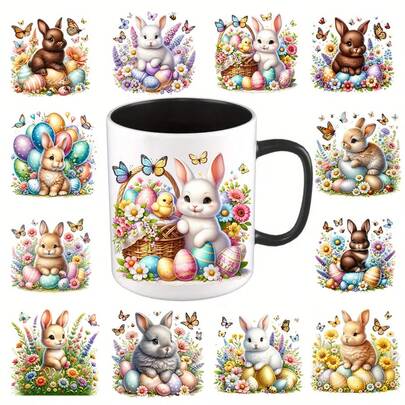 12pcs Easter Bunny With Egg UV DTF Mug Decal - High Adhesion, High Quality PVC Stickers For DIY Mugs And 3D Crystal Clear Labels