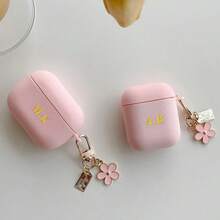 客製化字母姓名耳機保護殼（2件組，含小花鍊條）適用於 Air Case Pods Pro 2/3 保護殼，適用於 Air Case Pods 4代，學生返校季、情人節禮物、生日禮物、節日禮物，男士女士通用個性化禮物 - 粉色 - 查看 2