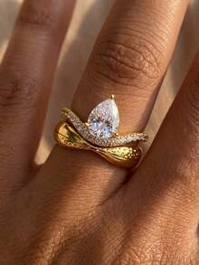 1 pièce Bague de style vintage en argent sterling 925 avec incrustation de zircone, cadeau de bijoux à la mode pour l'anniversaire - Doré - Voir 7