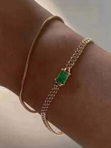 2pcs Alloy Green Square Bracelet, Double Layer Round Snake Chain Inlaid With Green Cubic Zirconia, Shiny Men's Fashion Jewelry Suitable For Daily Wear - Yellow Gold - View 1