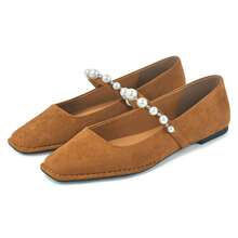 Flats For Women, Mary Jane Ballet Flats With Pearl Strap Square Toe Ballerina Walking Wedding Bride Party Dress Shoes - 棕色 - 查看 6