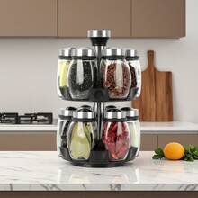 Revolving Spice Rack Organizer Storage For Kitchen, Spice Stand Holder, Spinning Countertop Herb And Spice Rack Organizer With 6/12 Glass Jar Bottles Set - màu đen - Xem 1