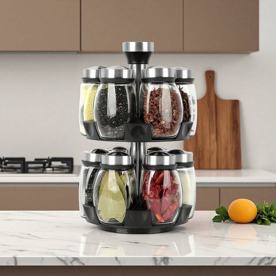 Revolving Spice Rack Organizer Storage For Kitchen, Spice Stand Holder, Spinning Countertop Herb And Spice Rack Organizer With 6/12 Glass Jar Bottles Set - màu đen - Xem 1