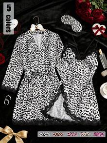 Hourtrue 3pcs Leopard Print Lace Patchwork Sleepwear Set, V-Neck Nightgown With Tie Waist Belt, Elegant Women Pajamas & Loungewear - White - View 16