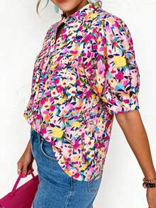 Acelitt Multicolor Floral Print Frilled Collar Split V Neck Puff Half Sleeve Summer Blouse Vacation - Multicolor - View 4