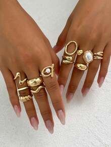6件套复古几何宝石镶嵌戒指套装，女士粗款金属金色戒指，适合女士日常佩戴和派对装饰，礼品首饰套装 - 金黃色 - 查看 5
