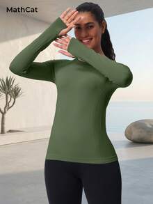 MathCat Seamless Workout Shirts For Women Long Sleeve Yoga Tops Sports Running Shirt Breathable Athletic Top Slim Fit - 軍綠色 - 查看 4