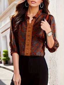 Mulberry Silk Printed Front Button Decor Puff Sleeve Blouse Vacation Summer - Multicolor - View 2