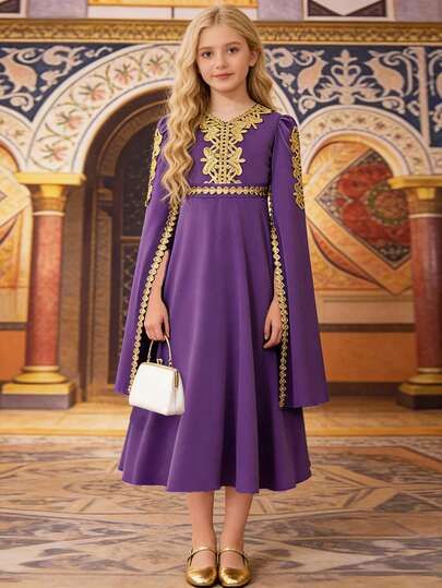 少女花卉装饰长袖伴娘婚礼派对晨袍，优雅生日舞会礼服，V领荷叶边毕业典礼节日演出服