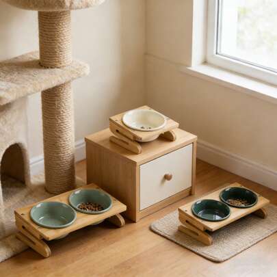 Ceramic Pet Cat Bowl, Washable, Raised Stand Design To Protect Spine, Indoor Feeding Bowl, Easy To Clean