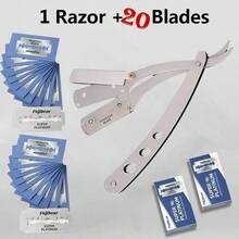 1 Shaving Set (1 Razor + 20 Blades) Premium Foldable Razor - Barbershop Quality Straight Edge Razor For Men's Facial Care, Manual Shaving, Beard Trimming And Hairdressing - Stainless Steel, Ergonomic Design, Portable And Space Saving, Specifications: 1 Shaving Set (1 Razor + 20 Blades),1 Shaving Set (1 Razor + 10 Blades),1 Shaving Set (1 Razor + 30 Blades) - Silver - View 2