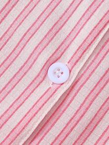 条纹女士短袖长裤泡泡褶睡衣套装 - 粉色 - 查看 5