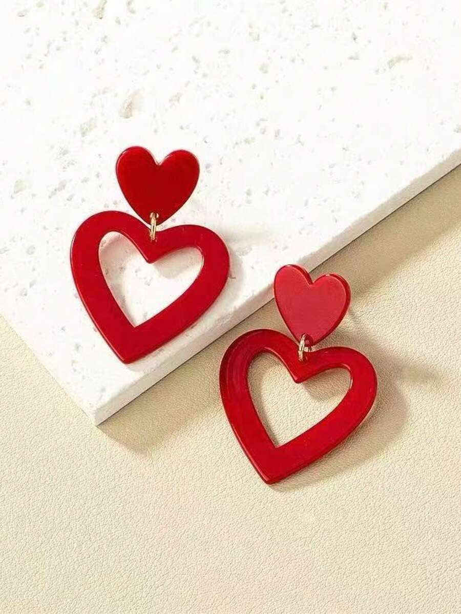 1 Par de Brincos Minimalistas Elegantes e Vazados em Formato de Coração, Adequados para Uso Diário, Presente para o Dia dos Namorados, Dia das Mães - Vermelho - Visão 1
