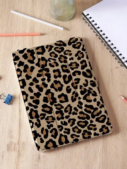 1 pieza Funda protectora de tableta con estampado de leopardo negro, con ranura para bolígrafo, anti-caída, compatible con Samsung y iPad, con función de suspender/activar