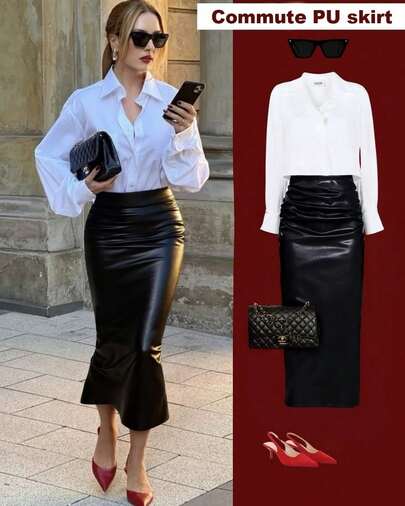 Falda midi de mujer Vuslat de piel sintética negra - Falda lápiz de cintura alta plisada, uso casual y de fiesta