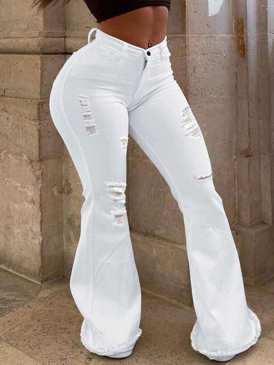 Plus Size Women's Mid-Rise Flared Jeans, Sexy Ripped Elastic Raw Hem Denim Flared Pants, Casual Wear Fashion Trousers,Valentine Outfits For Women - White - View 1