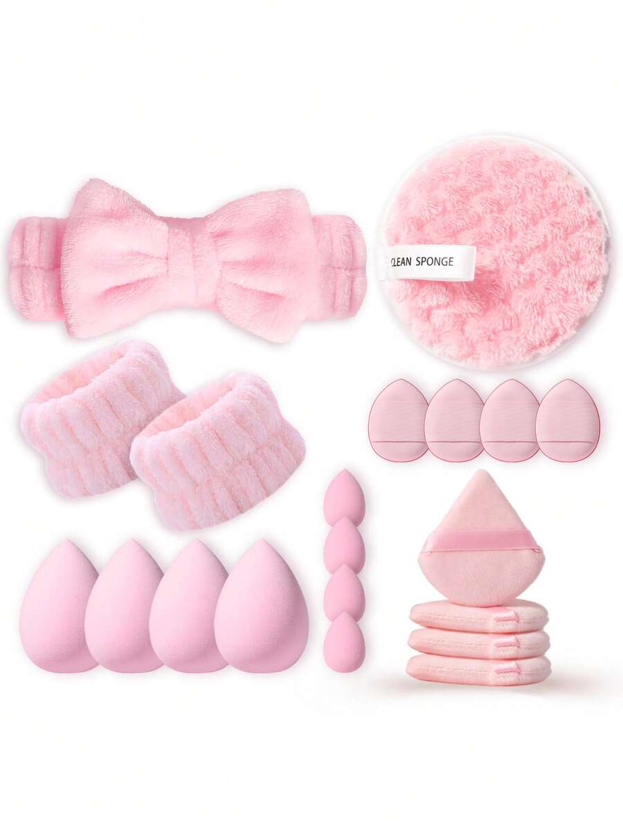 20PCS Makeup Tools Set Including:1pc Hairband +2PCS Hand Bowl Strap+4PCS Makeup Sponges+1pc Facial Cleansing Sponges+4PCS Mini Air Cushion Powder Puffs+4PCS Mini Makeup Sponges+4PCS Triangle Powder Puffs, Beginner-Friendly | Travel-Ready & Gift-Ready | Perfect For Newbies/Her - Multicolor - View 1