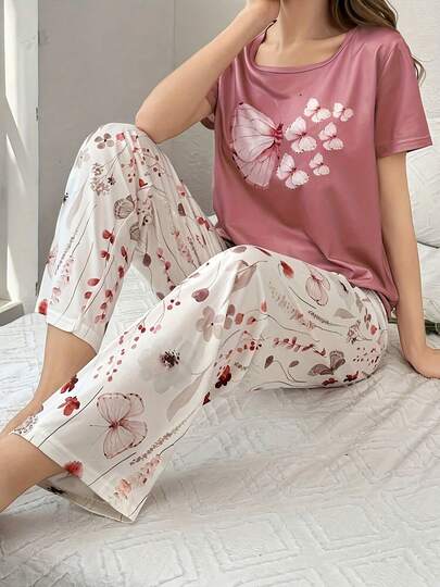 两件套女士休闲蝴蝶印花短袖上衣和裤子睡衣套装