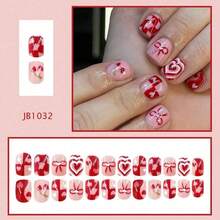 24 Pieces Of Short, Square-Shaped Press-On Nails With A Pink, Girlish Design Featuring Multiple Layers Of Hearts, Bows, And Cherries. - 1 - 查看 1