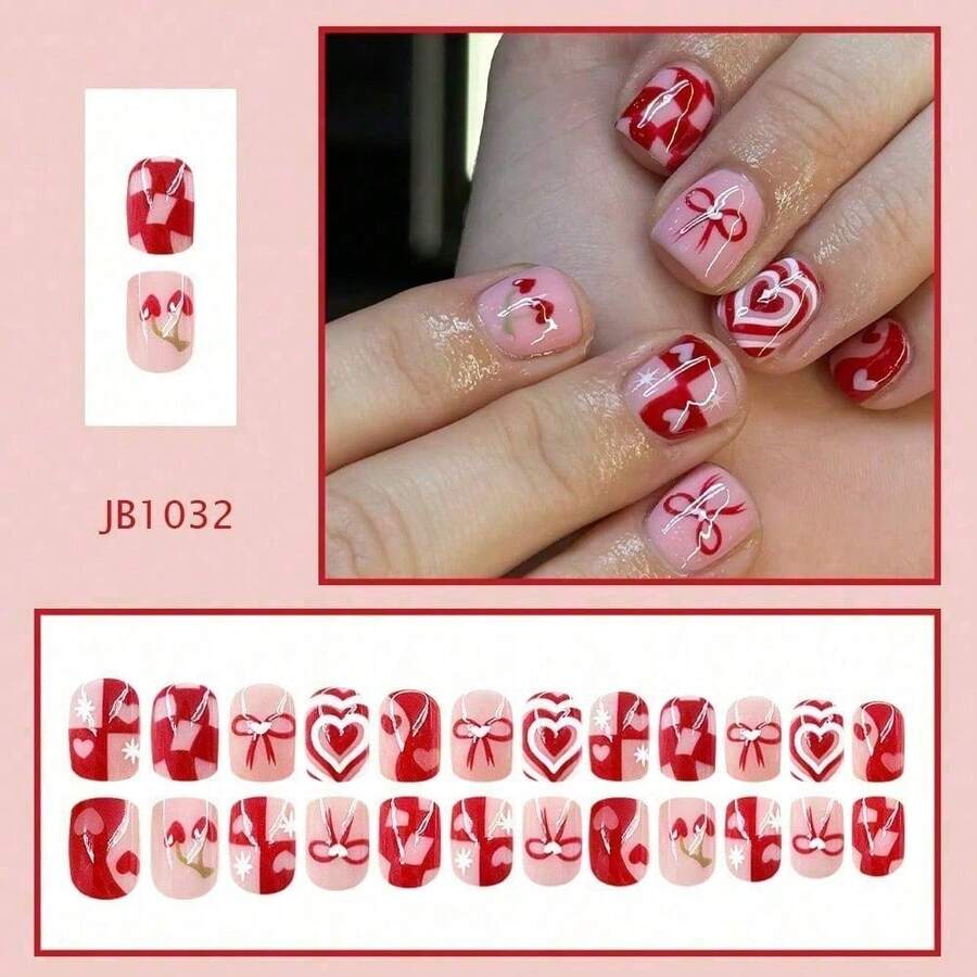 24 Pieces Of Short, Square-Shaped Press-On Nails With A Pink, Girlish Design Featuring Multiple Layers Of Hearts, Bows, And Cherries. - 1 - 查看 1