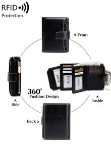 Women Fashion Multifunctional Oil-Waxed Leather Wallet Small Compact RFID Blocking Bifold Credit Card Case Purse With Zipper Pocket & Detachable ID Windows | Small, Compact, RFID Blocking, Zipper Pocket, Small, Compact - Multicolor - View 5