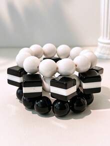 Brazalete clásico retro de contraste blanco y negro, diseño geométrico cuadrado único, accesorio de mujer versátil, adecuado para superposición y uso diario - Multicolor - Ver 4