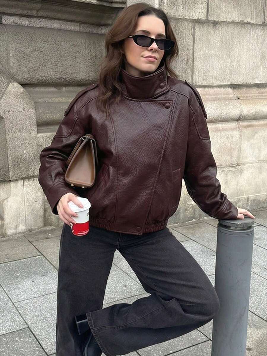 女士PU皮夹克,拉链开合,长袖外套,飞行员夹克,街头风,赛车夹克,秋冬款 - 紅木色 - 查看 1